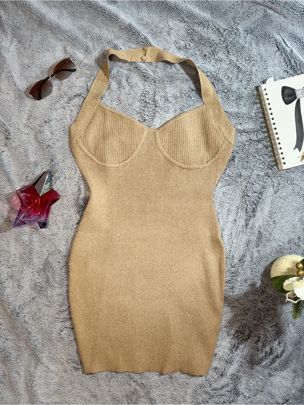 privy Beige Halter Knit Bodycon Mini Dress